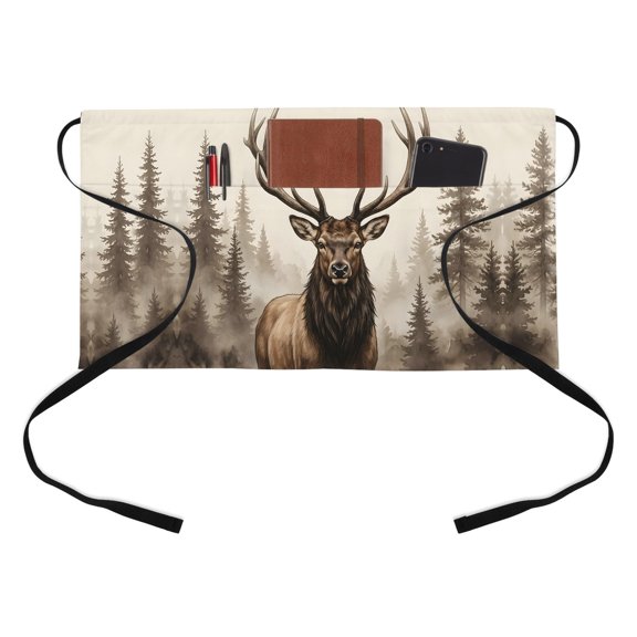 Majestic Elk Kitchen Restaurant Half Waist Apron, Brown Gray Wildlife Rustic Animals Pine Forest Server Short Apron with 3 Pockets Waterproof Oil Waist Aprons for Women Waitress Waiter