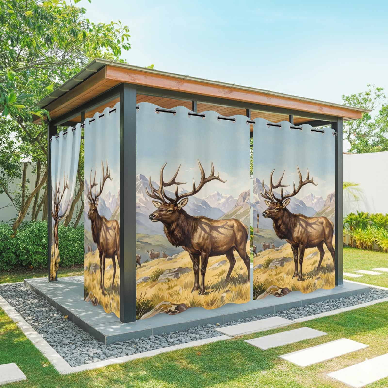 Majestic Elk Outdoor Curtains for Patio, Brown Wildlife Animal Rocks Snowcap Alpine Meadow Farm Sunshade Privacy Drapes Grommet Waterproof Outside Curtains for Porch/Cabana/Balcony 54"x 108", 1 Panel