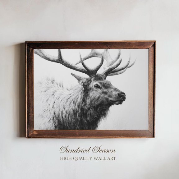 Majestic Elk Pencil Drawing Black White Wildlife Sketch Hunting, Unframed Paper Poster 8x10in