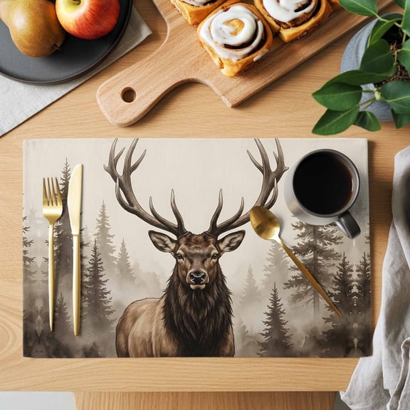 Majestic Elk Placemats Set of 2, Brown Gray Wildlife Rustic Animals Pine Forest Heat Insulated Linen Place Mats, Washable Stain-Proof Table Mats for Dining Tables Holiday Decor 13x19 Inches