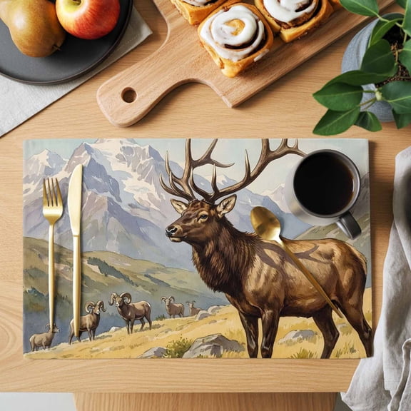 Majestic Elk Placemats Set of 2, Brown Wildlife Animal Rocks Snowcap Alpine Meadow Farm Heat Insulated Linen Place Mats, Washable Stain-Proof Table Mats for Dining Tables Holiday Decor 13x19 Inches