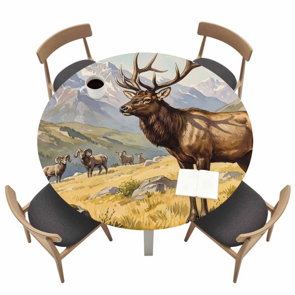 Majestic Elk Round Fitted Table Cover Brown Wildlife Animal Rocks Snowcap Alpine Meadow Farm Waterproof Table Cloth with Elastic Edge Wipeable Tablecloth for Picnic Camping Party Fits 36"-44" Tables