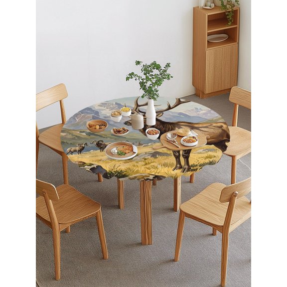 Majestic Elk Round Fitted Tablecloth with Elastic Edge, Brown Wildlife Animal Rocks Snowcap Alpine Meadow Farm Waterproof Stretch Table Covers for 36"-44" Tables Wipeable Table Cloth for Outdoor
