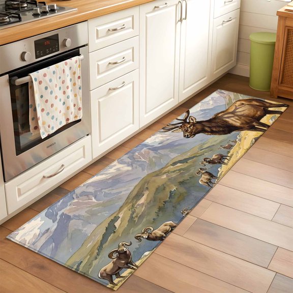 Majestic Elk Runner Rug Non Slip 2x6 Brown Wildlife Animal Rocks Snowcap Alpine Meadow Farm Washable Rug Runner for Hallways Low Pile Kitchen Rugs Stain Resist Carpet for Bathroom Bedroom Entryway
