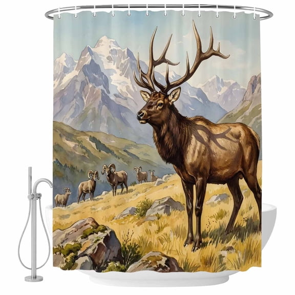 Majestic Elk Shower Curtain for Bathroom, Brown Wildlife Animal Rocks Snowcap Alpine Meadow Farm Waterproof Cloth Fabric Bathroom Accessories Set with 12 Rust Proof Plastic Hooks, 72"x78"