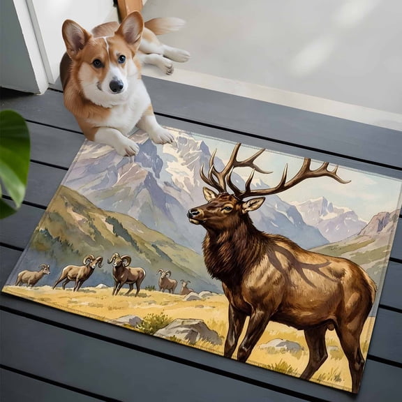 Majestic Elk Small Area Rugs 2x3 Brown Wildlife Animal Rocks Snowcap Alpine Meadow Farm Entryway Rugs Washable Door Mat, Low-Profile Area Rugs Floor Carpet for Living Room Bedroom Home Office