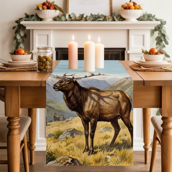 Majestic Elk Table Runner, Brown Wildlife Animal Rocks Snowcap Alpine Meadow Farm Washable Cotton-linen Table Runners Dining Kitchen Decoration for Everyday Home Wedding Party Decor, 13 x 36 Inch