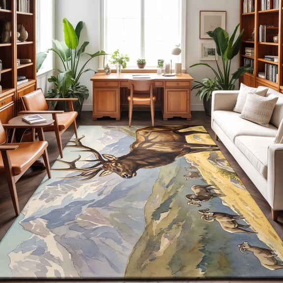 Majestic Elk Washable Area Rug 4 x 6 ft Brown Wildlife Animal Rocks Snowcap Alpine Meadow Farm Soft Non Slip Rugs Stain Repellent Indoor Felt Carpet for Living Dining Room Bedroom Home Office