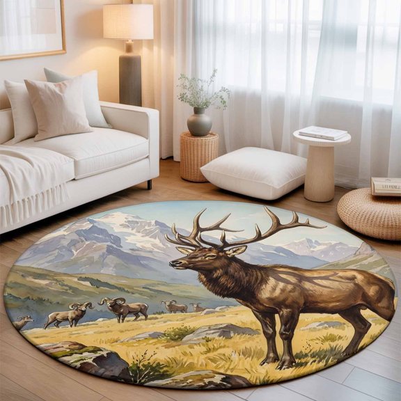 Majestic Elk Washable Round Area Rug 5 ft, Brown Wildlife Animal Rocks Snowcap Alpine Meadow Farm Soft Non Slip Rugs Stain Repellent Indoor Felt Carpet for Living Dining Room Bedroom Home Office