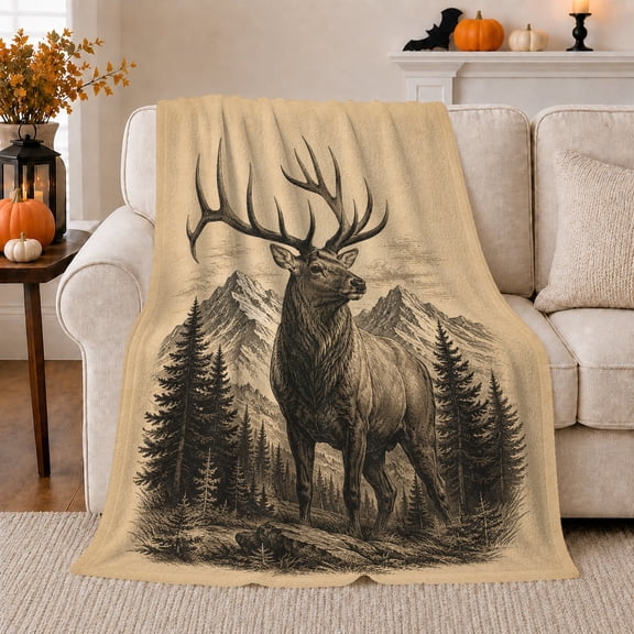 Majestic Elk Wilderness Scene Pine Trees Vintage Engraving, Peaceful Mountain Lake Scene, Warm Flannel Blanket for Cabin and Lodge, Outdoor Lovers Camping Gift, Rustic Home Decor