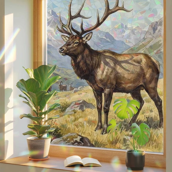 Majestic Elk Window Privacy Film, Brown Wildlife Animal Rocks Snowcap Alpine Meadow Farm Stained Glass Rainbow Film Decorative Window Clings, Static Cling Sun Blocking Stickers 19.6" x 39.3"