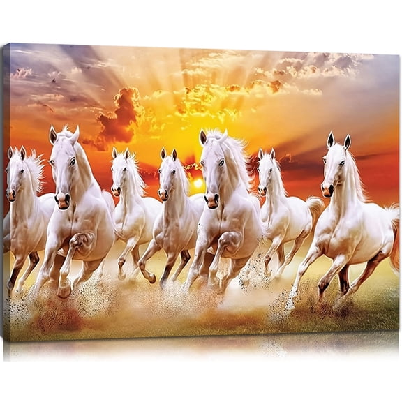 Majestic Feng Shui Seven White Horses Running Sunrise Golden Sun Rays Matte Finish Gallery Wrapped Canvas Wall Art Home Decoration Decor Living Room Office Entryway Study 24*36inch(60*90cm)