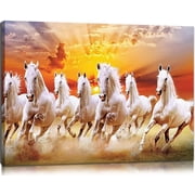 Majestic Feng Shui Seven White Horses Running Sunrise Golden Sun Rays Matte Finish Gallery Wrapped Canvas Wall Art Home Decoration Decor Living Room Office Entryway Study 12*16inch30*40cm