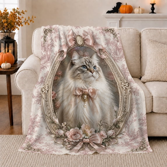 Majestic Fluffy Cat Ornate Oval Frame Pink Roses, Cozy Pet Portrait Pattern, Warm Flannel Blanket for Living Room and Bedroom, Cat Lovers Valentine's Day Gift, Pet Lover Home Decor