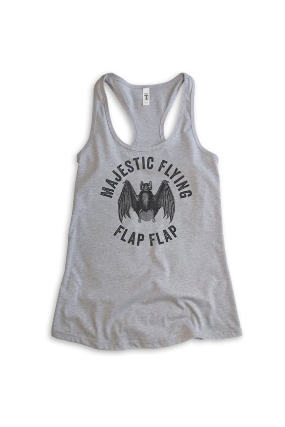 Majestic Flying Flap Flap Bat Tank Top, Ladies Racerback Tank Top, Funny Halloween Bat Graphic Animal Tank, Heather Gray, Medium