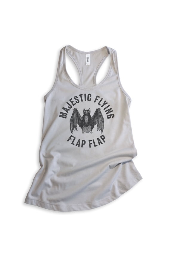 Majestic Flying Flap Flap Bat Tank Top, Ladies Racerback Tank Top, Funny Halloween Bat Graphic Animal Tank, Silver Gray, Large