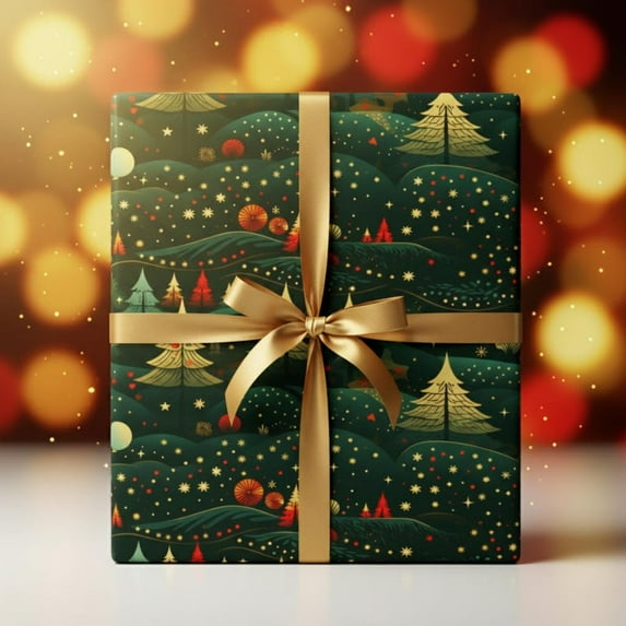 Majestic Forest Christmas Tree Wrapping Paper Glittering Stars Wrapping Paper Roll Christmas Classic Holiday Gift Wrap Paper Vintage Christmas Gift