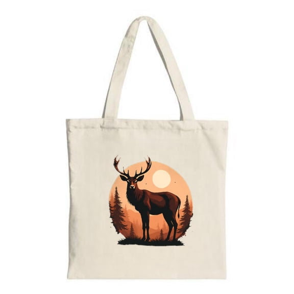Majestic Forest Scene Tote Bag - Canvas Multifunctional Reusable Shopping Bag with Serene Deer & Moon Design Perfect for Travel & Parties