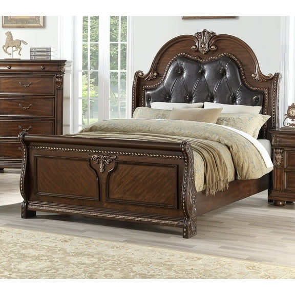 Majestic Formal Bed 1pc California King Size Bed Tufted HB Cherry Veneer / Dark Brown Bedframe 1pc Bedroom Furniture