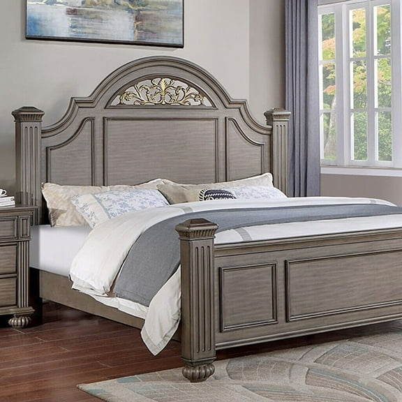 Majestic Formal Bedroom 1pc Queen Size Bed Gray Solid wood Furniture Posts Headboard FB Floral Pattern