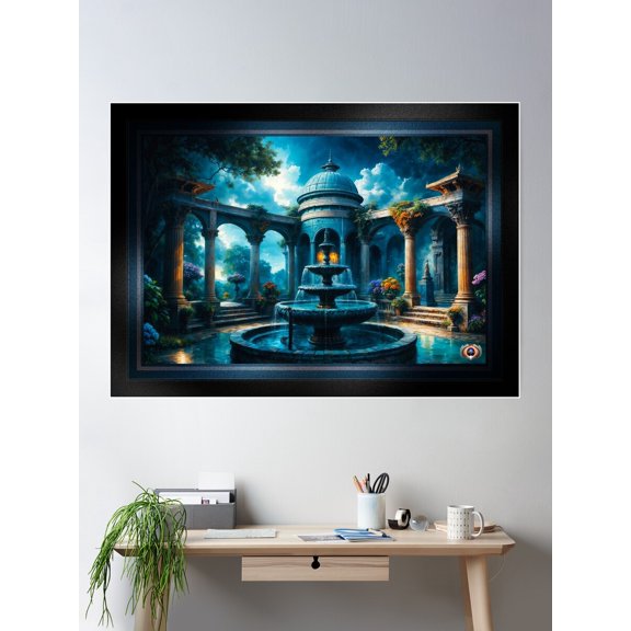 A Majestic Fountain In The Timeless Sanctuary Of The Keplus Garden Relaxing Ai Concept Art By Xzendor7 Poster Wall Art, Modern Wall Decor For Living Room Bedroom, 8x12 UNFRAMED