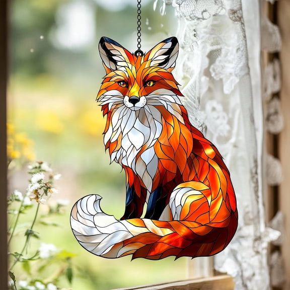 Majestic Fox Acrylic Suncatcher, Faux Stained Glass Window Hanging with Autumn Orange Fur, Woodland Animal Decor for Nature and Forest Lover