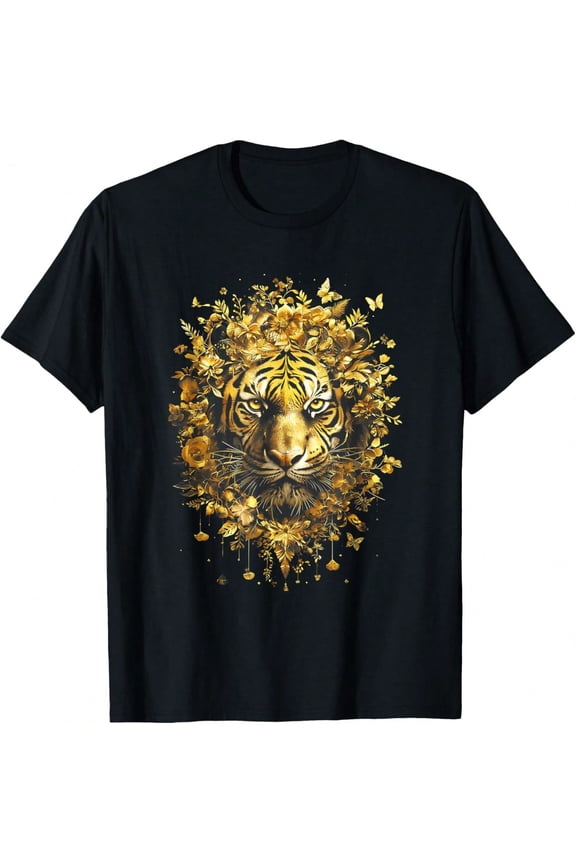Majestic Golden Tiger Floral Graphic T-Shirt for Men and Women, Nature Inspired Animal Print Tee