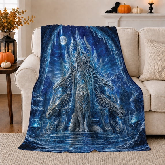 Majestic Gray Wolf Frost Throne Mystical Fantasy Artwork, Mystical Celestial Art Scene, Warm Flannel Blanket for Cabin and Lodge, Wildlife Lovers Housewarming Gift, Fantasy Home Decor