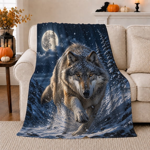 Majestic Gray Wolf Snow Moonlit Wilderness, Peaceful Mountain Lake Scene, Warm Flannel Blanket for Cabin and Lodge, Outdoor Lovers Camping Gift, Rustic Home Decor