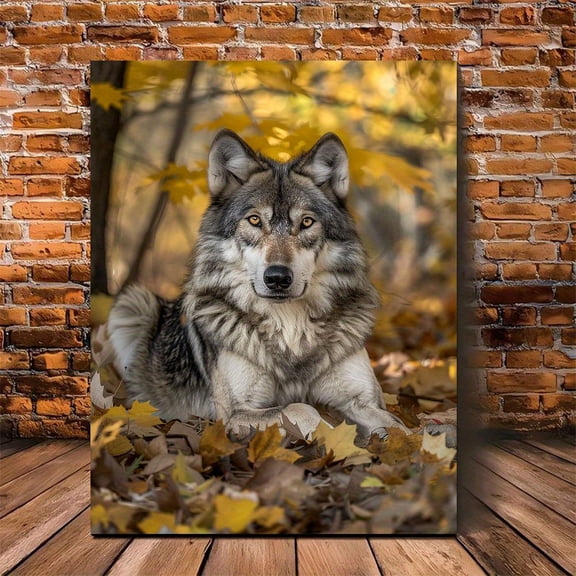Majestic Grey Wolf Canvas Print - Wooden Framed Wall Art with Striking Autumn Foliage Background, Perfect for Home & Office Decor, Ideal Gift for Christmas, Graduation, Birthday, Halloween