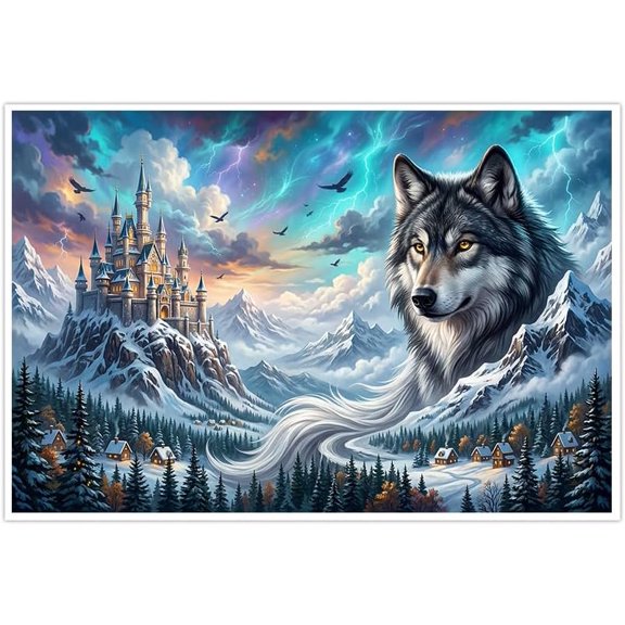 Majestic Grey Wolf Fantasy Castle Canvas Wall Art Snowy Mountains Winter Landscape Poster Nature Print for Living Room Bedroom Office Aurora Sky Home Decor Art