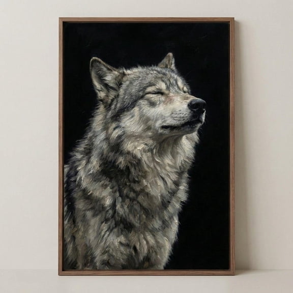 Majestic Grey Wolf Portrait Wall Art Print, Dark Oil Style Timber Wolf Wildlife Illustration