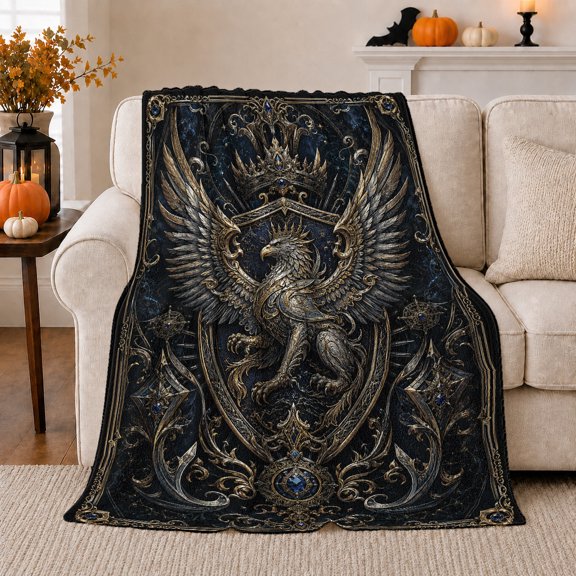 Majestic Griffin Heraldic Crest, Mystical Fantasy Scene, Warm Flannel Blanket for Home Library and Reading Nook, Celestial Art Lovers Housewarming Gift, Fantasy Home Decor