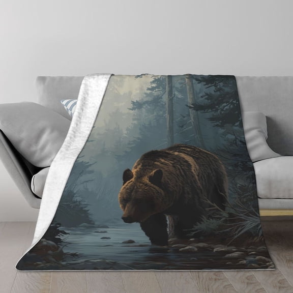 Majestic Grizzly Bear Blanket – Realistic Wildlife Art Fleece Throw for Cabin Decor, Soft & Warm Flannel, Outdoorsman Gift 50x40
