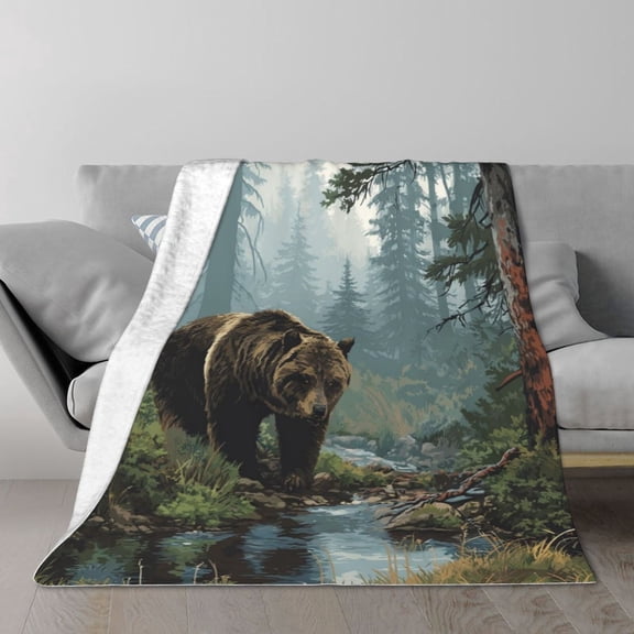 Majestic Grizzly Bear Blanket – Realistic Wildlife Art Fleece Throw for Cabin Decor, Soft & Warm Flannel, Outdoorsman Gift 50x40