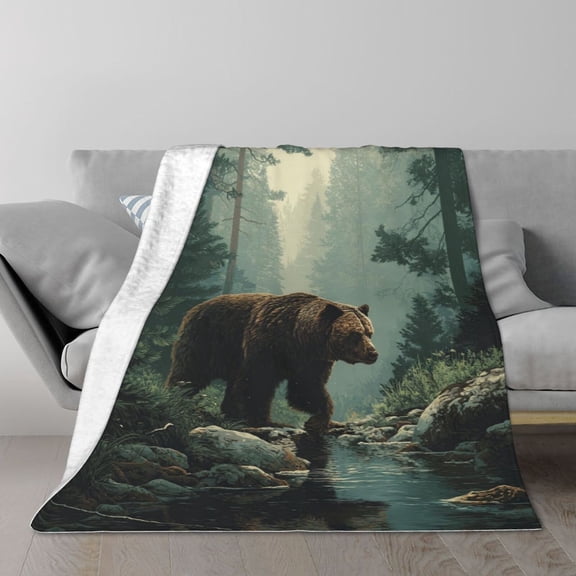 Majestic Grizzly Bear Blanket – Realistic Wildlife Art Fleece Throw for Cabin Decor, Soft & Warm Flannel, Outdoorsman Gift 50x40