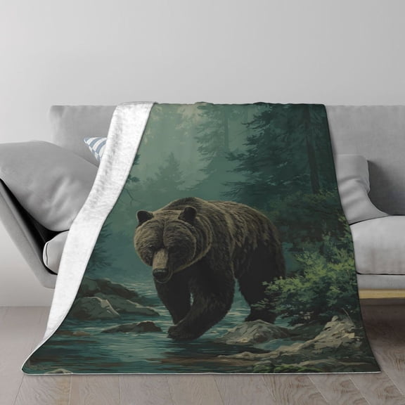 Majestic Grizzly Bear Blanket – Realistic Wildlife Art Fleece Throw for Cabin Decor, Soft & Warm Flannel, Outdoorsman Gift 50x40