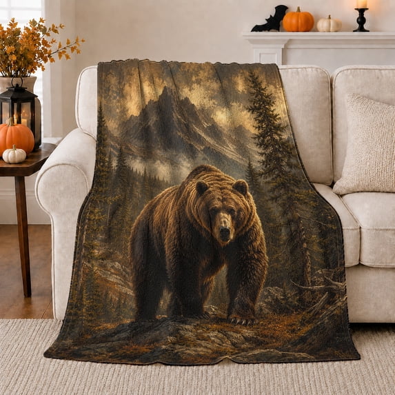 Majestic Grizzly Bear Standing Autumn Forest Meadow Realistic, Peaceful Mountain Lake Scene, Warm Flannel Blanket for Cabin and Lodge, Outdoor Lovers Thanksgiving Gift, Rustic Home Decor