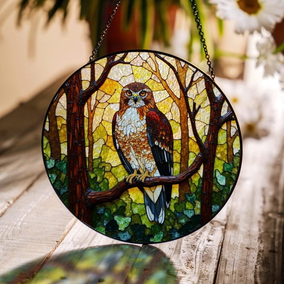 Majestic Hawk in Forest Glass Suncatcher, Bird Window Decor, 7.9 in