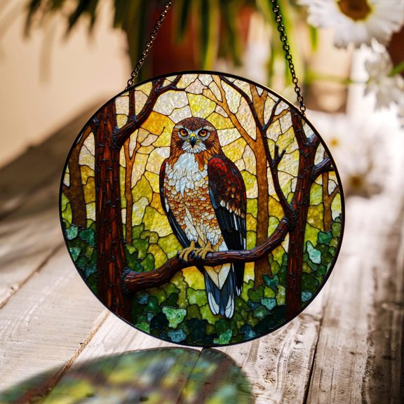 Majestic Hawk in Forest Glass Suncatcher, Bird Window Decor, for Dad, 3.5 in