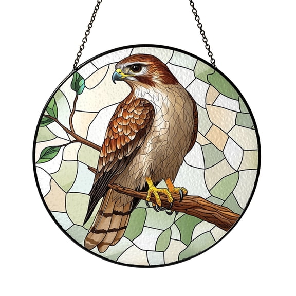 Majestic Hawk on Branch Window Suncatcher, Stained Glass Style Bird Hanging Decor, Thoughtful Gift for Bird Lovers