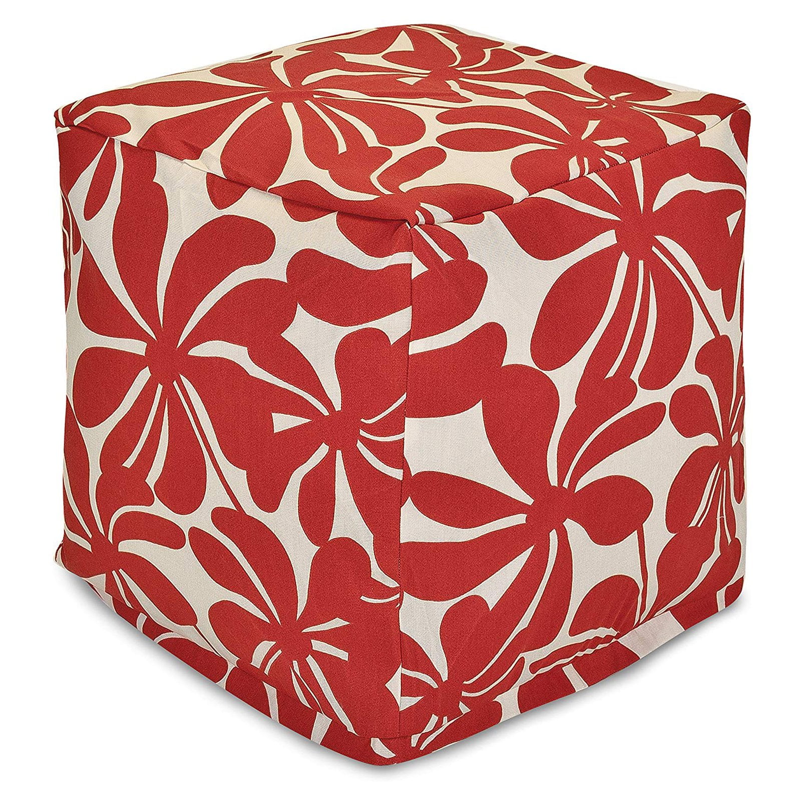 Red and White Fabric Cube Pouf Ottoman, 17-inch