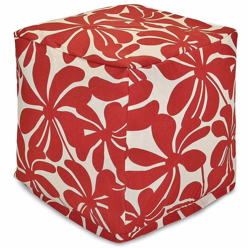 Red and White Fabric Cube Pouf Ottoman, 17-inch