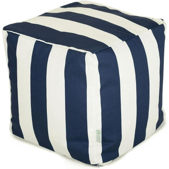 Majestic Home Goods Vertical Stripe Indoor/Outdoor Pouf Ottoman Stuffed 17x17x17 Inches-Bean Bag Floor Pouf Ottoman for Foot Rest–Sitting Pouf Chair for Living Room–Nursery Pillow Ottoman-Navy Blue