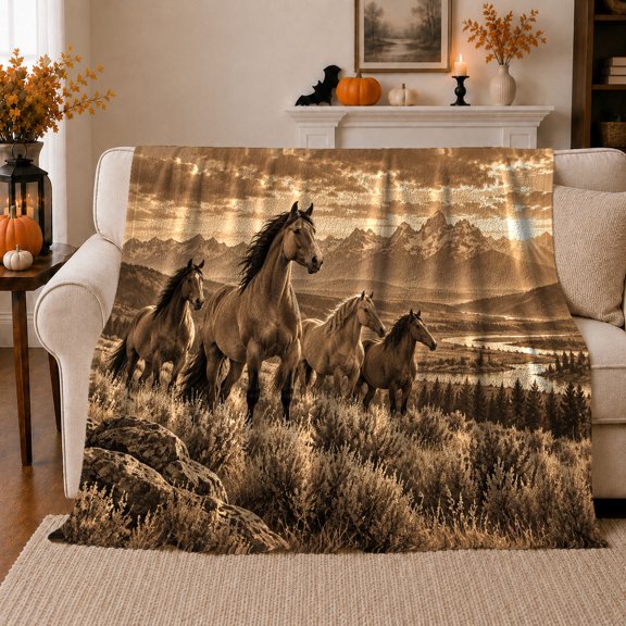 Majestic Horse Landscape Mountain Terrain Gold Damask Accent, Rustic Farmhouse Horse Scene, Warm Flannel Blanket for Ranch House and Living Room, Horse Lovers Housewarming Gift, Rustic Home Decor