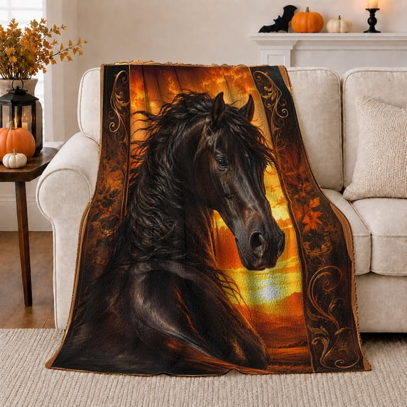 Majestic Horse Sunset Portrait Equestrian Detailed Visual Pattern Bold Gothic Style Art Lovers Expressive Room Motif Warm Flannel Blanket, Housewarming Gift for Bedroom and Living Room Home Decor