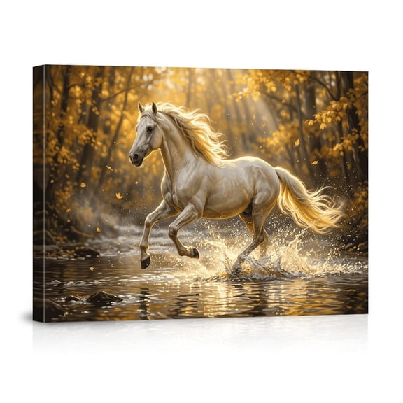 Majestic Horse Wall Art White Stallion Running Art Golden Autumn Forest Print Aesthetic Nature Decor For Living Room Farmhouse, Unframed Paper Print