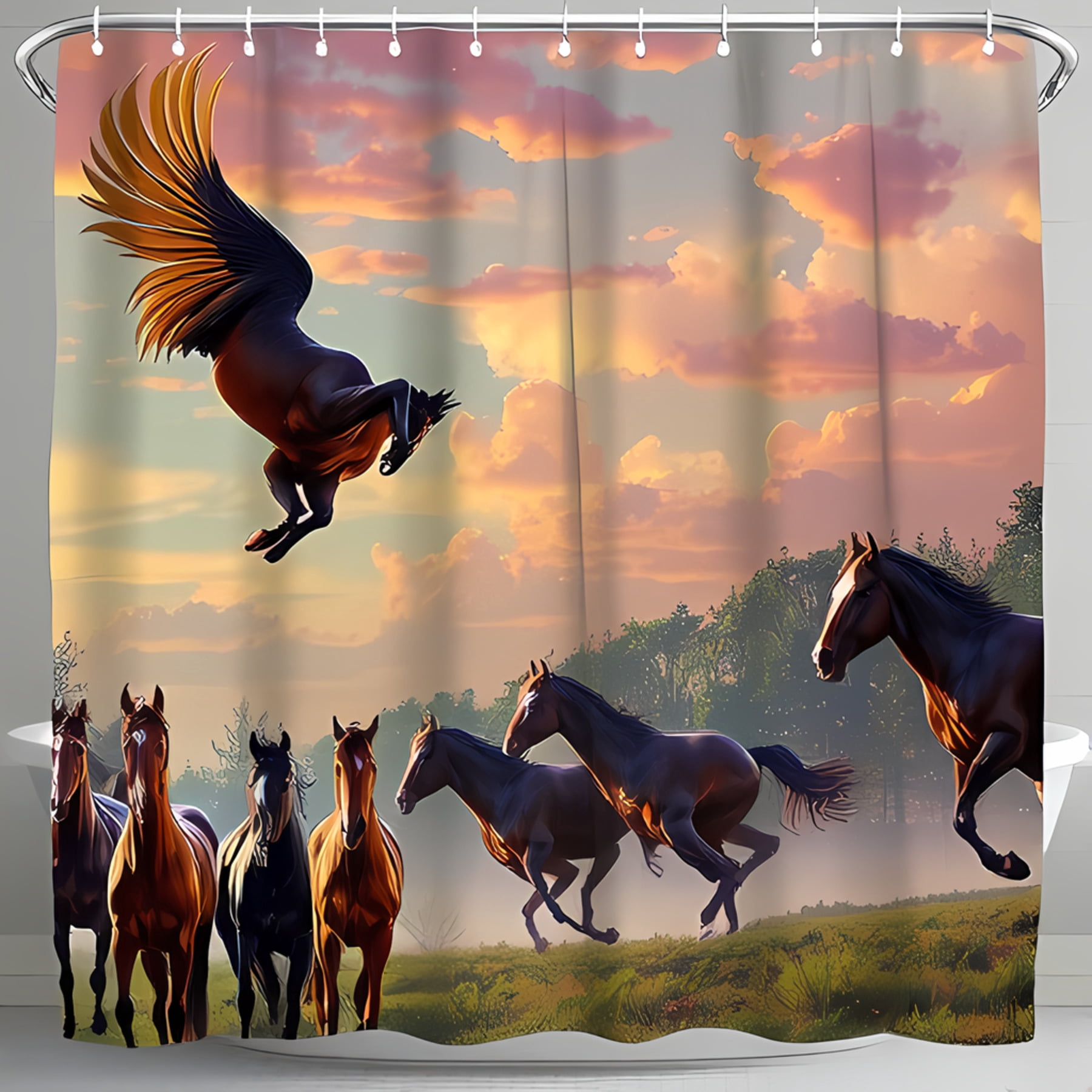 Majestic Horses Running in Sunset Shower Curtain - Vibrant Nature Scene
