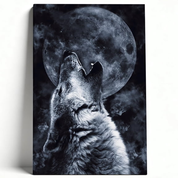Majestic Howling Wolf Full Moon Canvas Wall Art, Midnight Wildlife Matte Finish Gallery Wrapped, Gothic Aesthetic Living Room Bedroom Decor 8*12