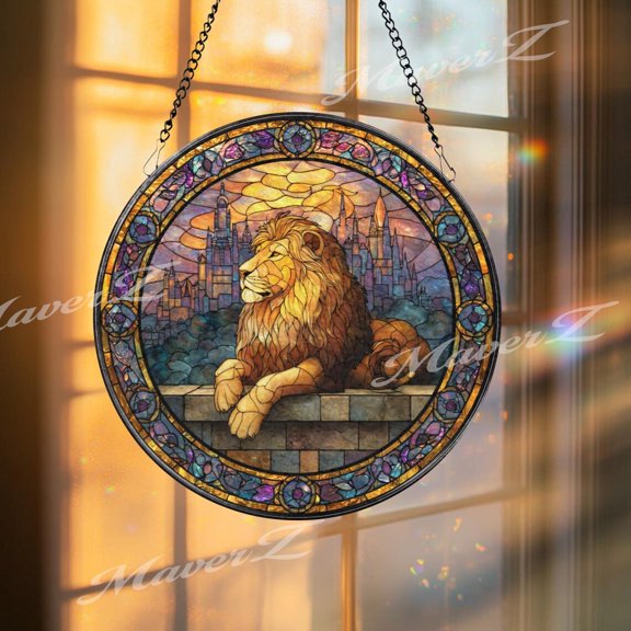 Majestic Lion Glass Suncatcher, Round Castle Window Panel, Strength Symbol Art, 3.5 in
